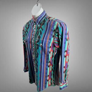 Vintage Wrangler Colorful Aztec Shirt Mens Size 16-34 Cowboy Cut X-Long Tails